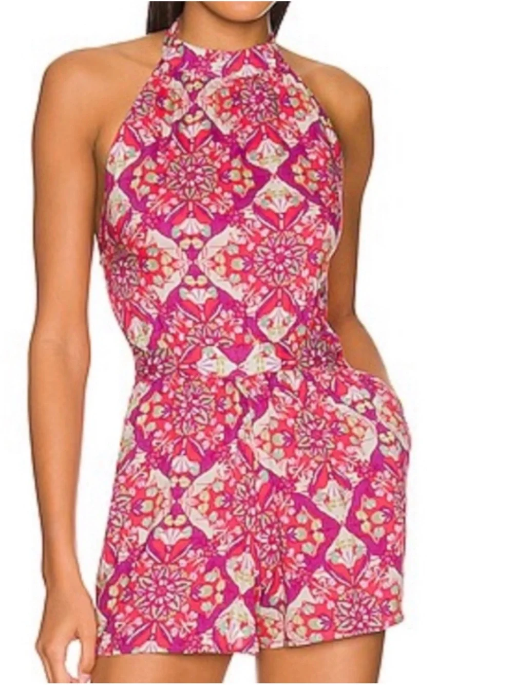 Free People Coral Tides Floral Pattern High Waisted Halter Romper Onepiece